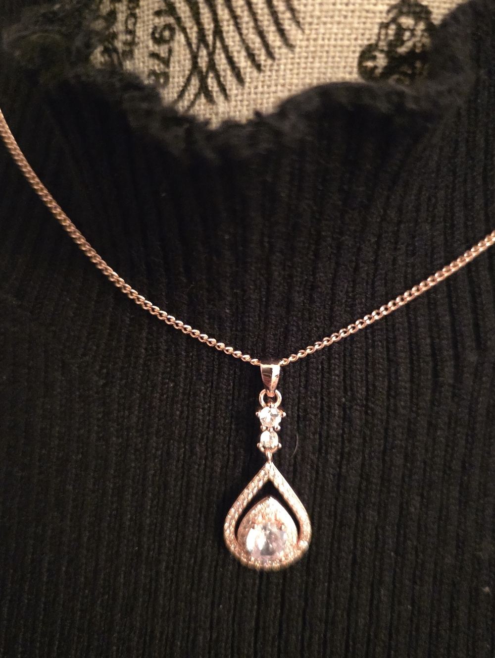 Rose Gold Teardrop Pendant Necklace/Earring Combo with Clear Crystal Accent
